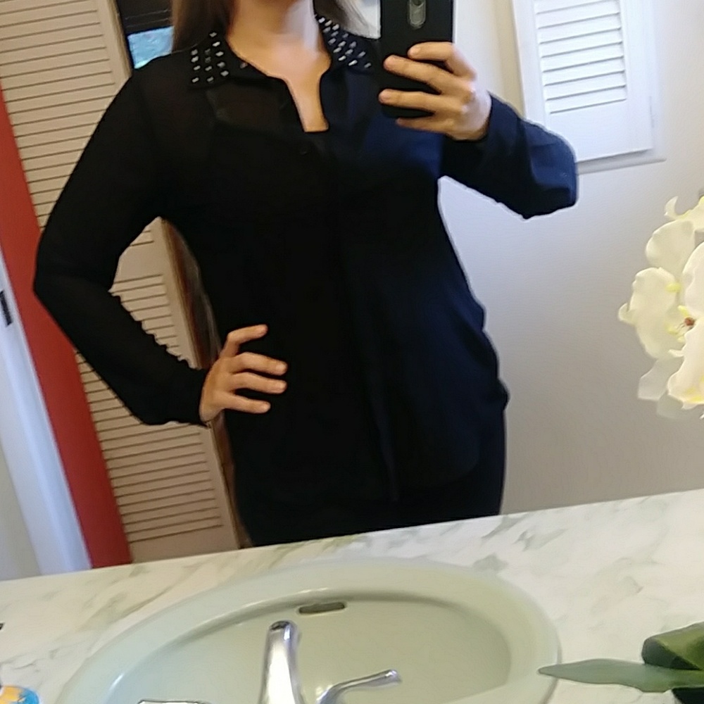 Studded Collar Black Button Up Blouse